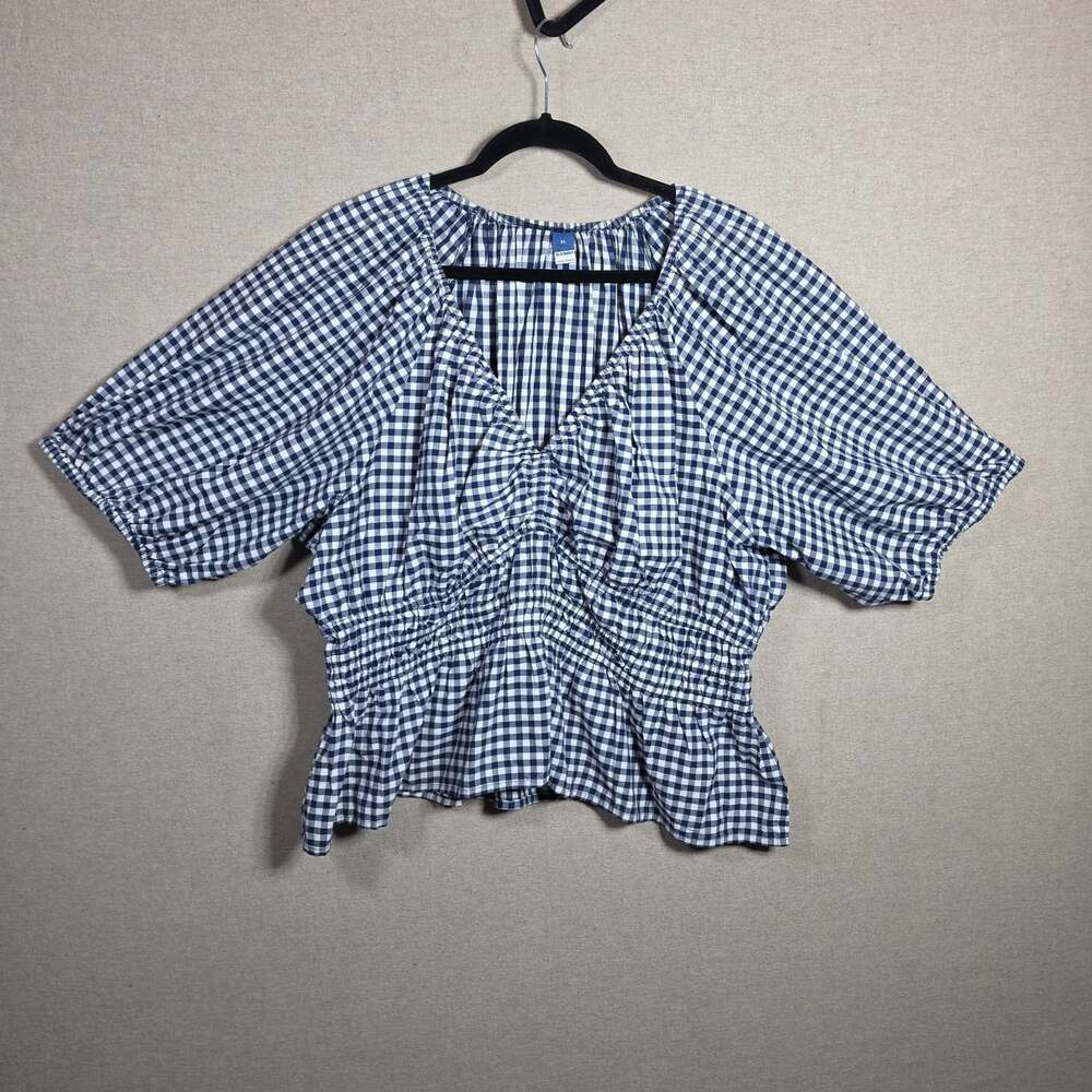 Old Navy womens XL Checkered Babydoll Puff 3/4 Sleeve Cotton Blue Gingham Top